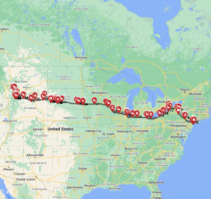 RV road trip planner USA New York to Bozeman motorhome roure plan